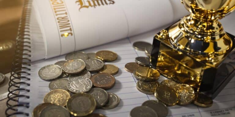 Sports betting tracker with coins and a trophy.